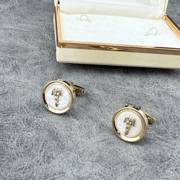 Vintage Foster Caduceus Cufflinks Set Mother of Pearl Gold Tone Medical with Box - Picture 6 of 11